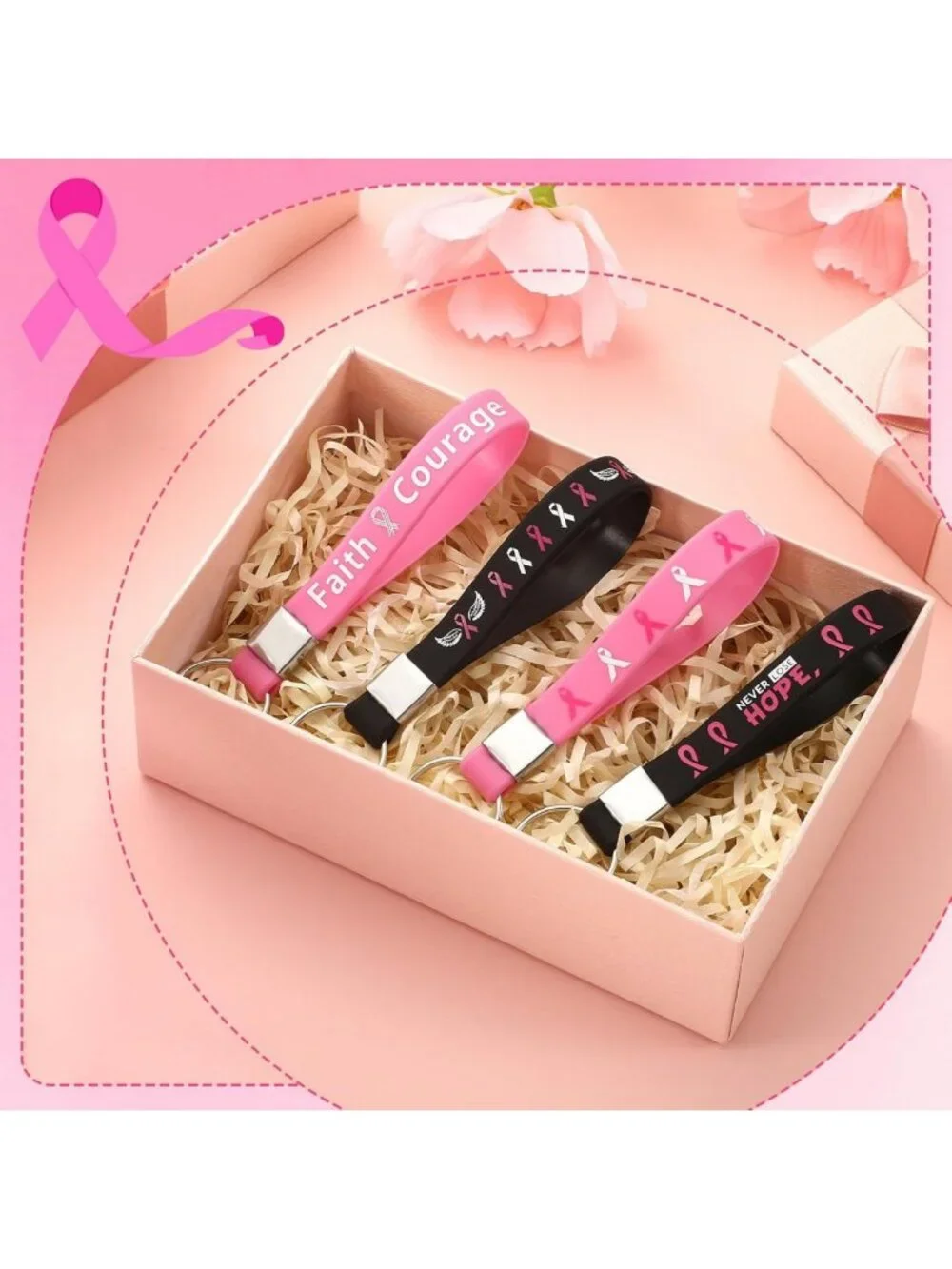 100 Pcs Pink Ribbon Keychains | Breast Cancer Awareness Gifts & Survivor
